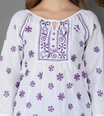 Load image into Gallery viewer, white cotton peasents top with Purple chikankari
