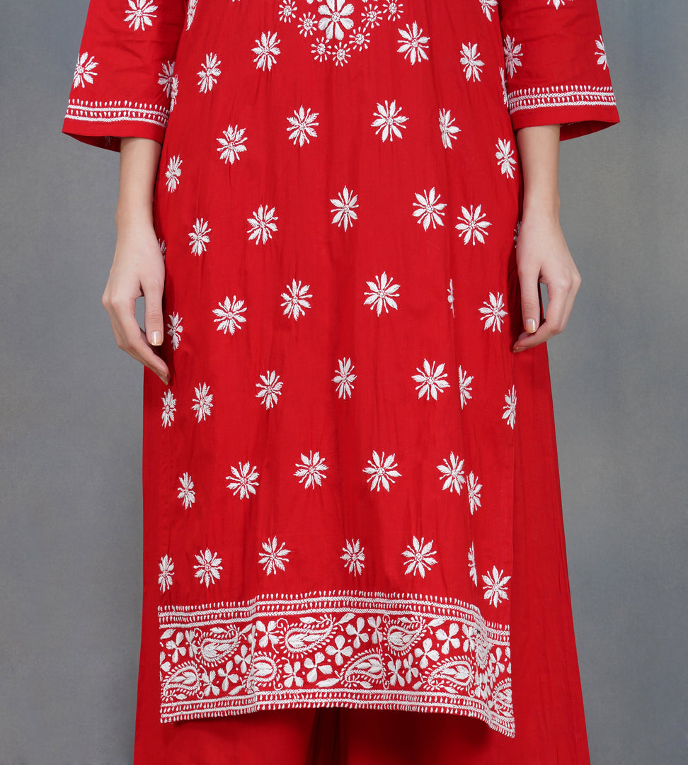 Red cotton sharara set with chikankari set of 2