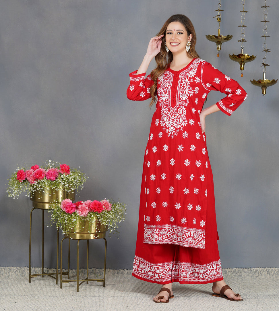 Red cotton sharara set with chikankari set of 2
