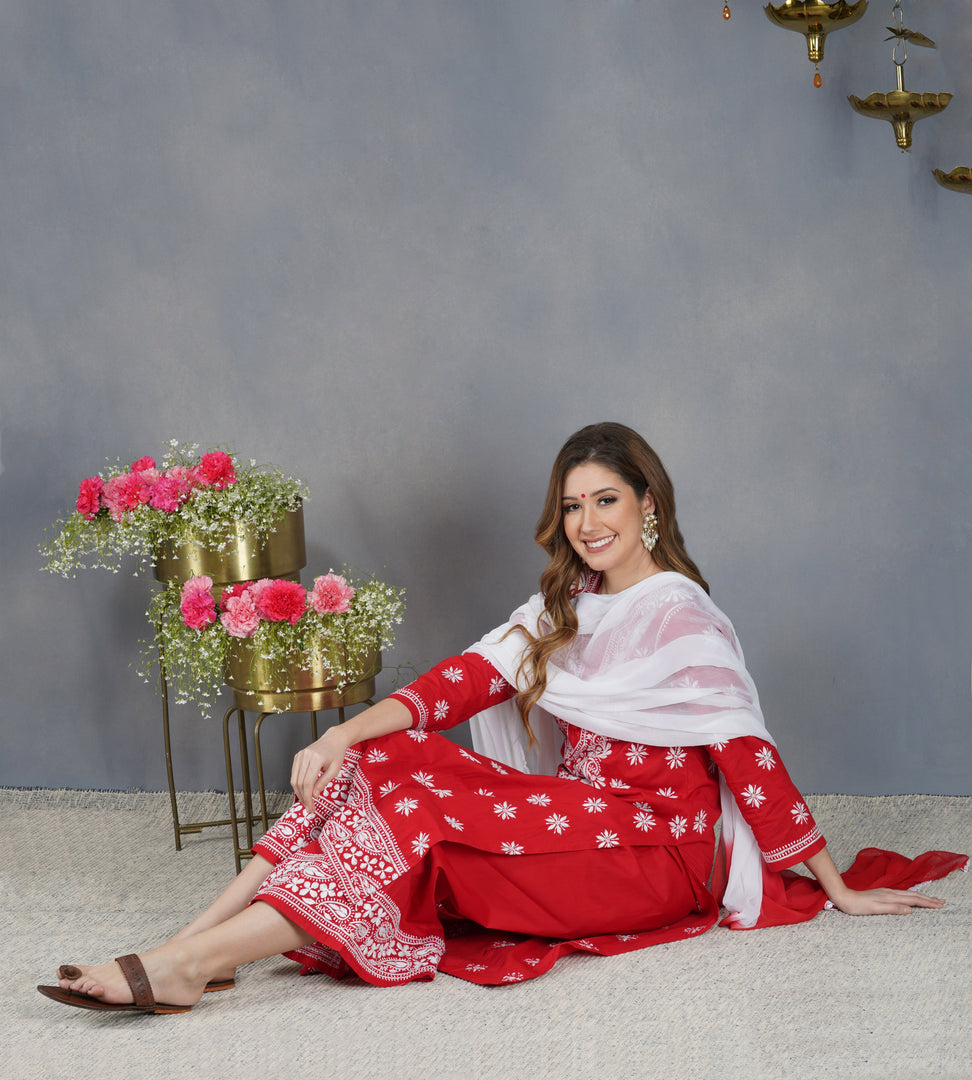 Red cotton sharara set with chikankari set of 2