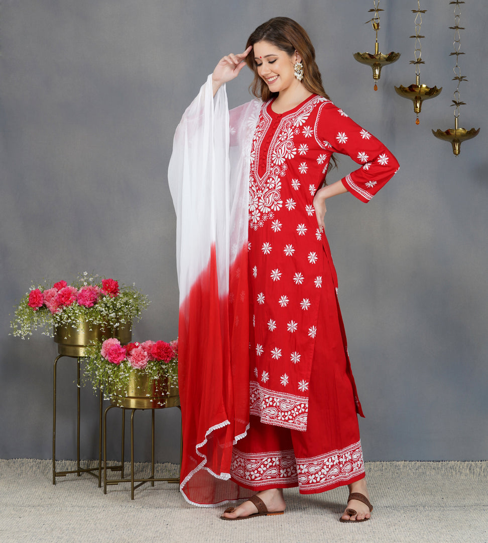 Red cotton sharara set with chikankari set of 2