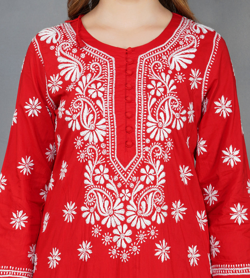 Red cotton sharara set with chikankari set of 2