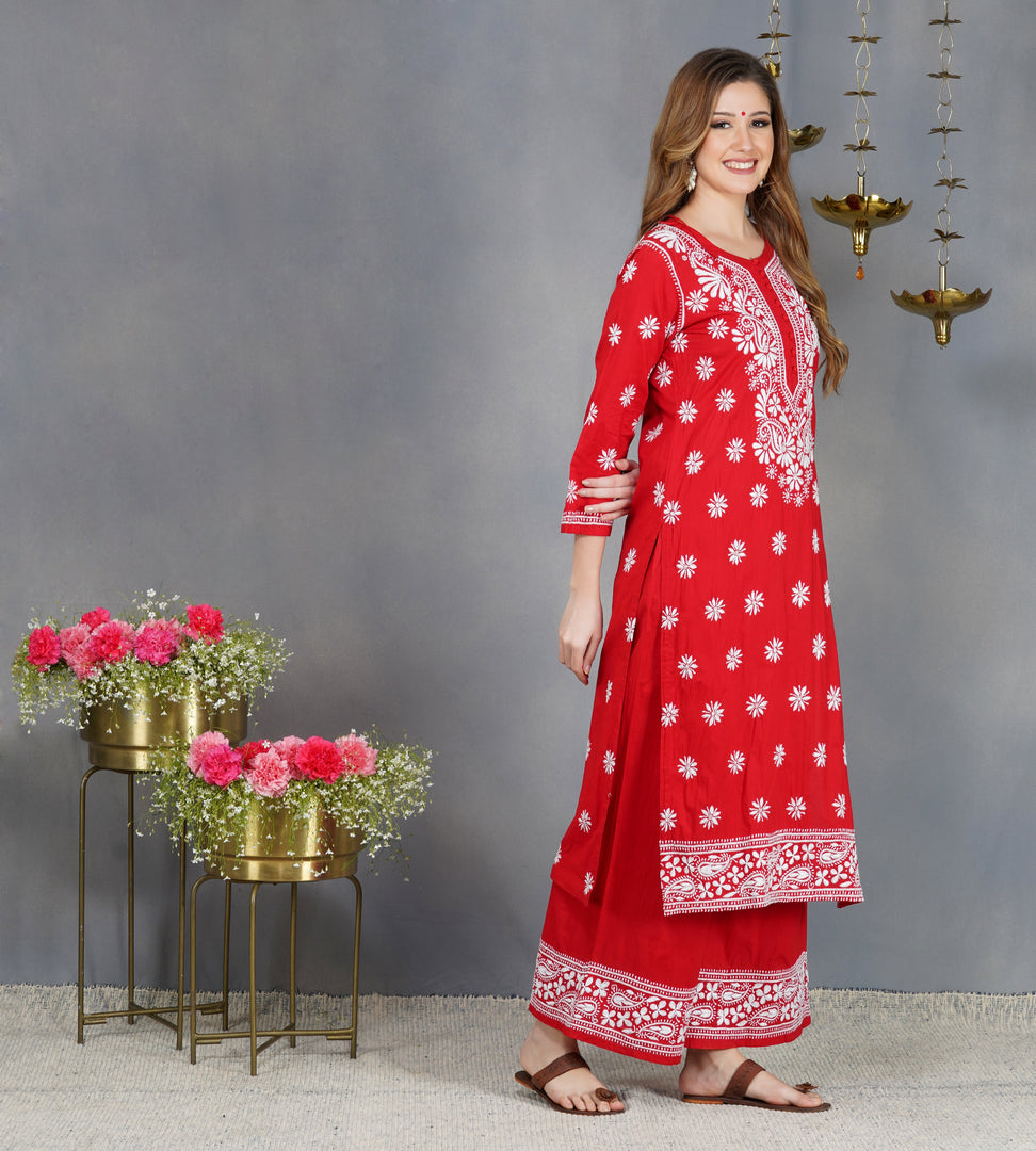 Red cotton sharara set with chikankari set of 2