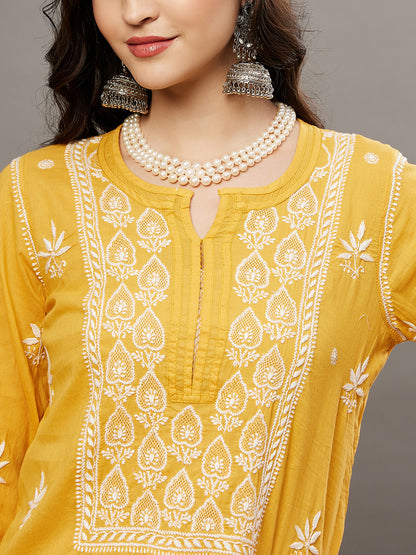 Mustard cotton kurta with front yoke