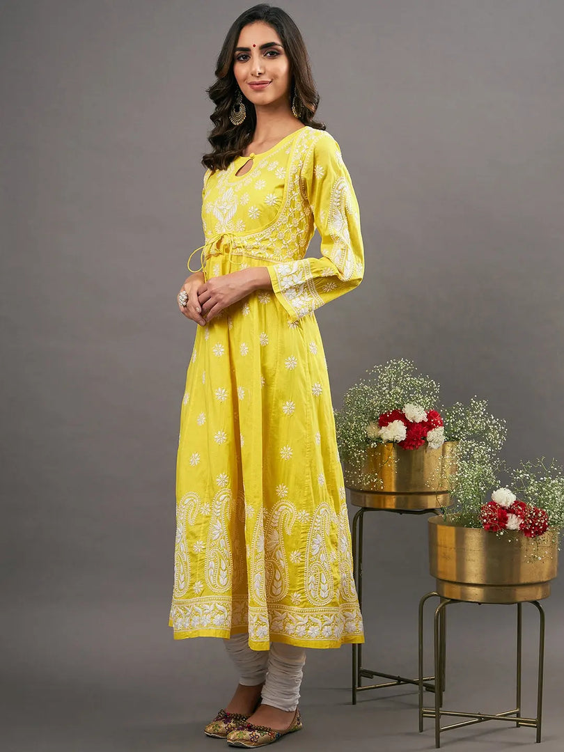 Yellow cotton anraklai with waist coiat like pattern - Rakhi Apparels
