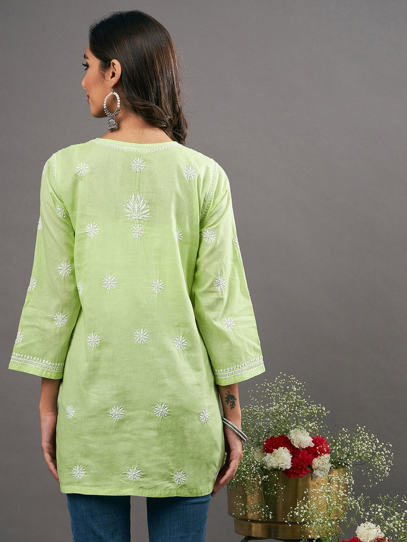 pista green cotton top with chikankari