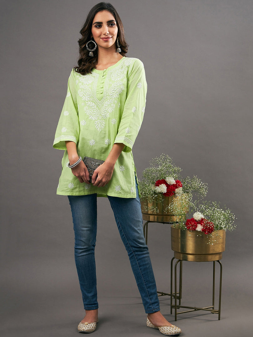 pista green cotton top with chikankari