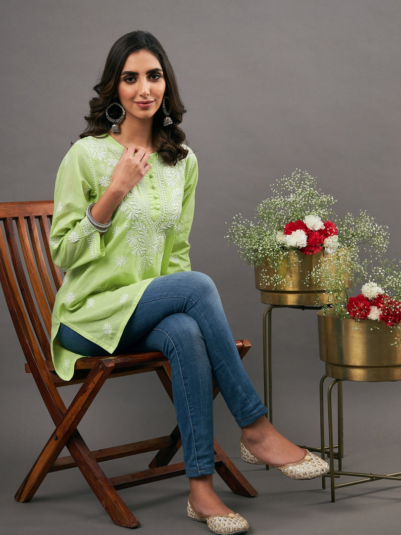 pista green cotton top with chikankari