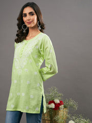 pista green cotton top with chikankari