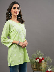 pista green cotton top with chikankari