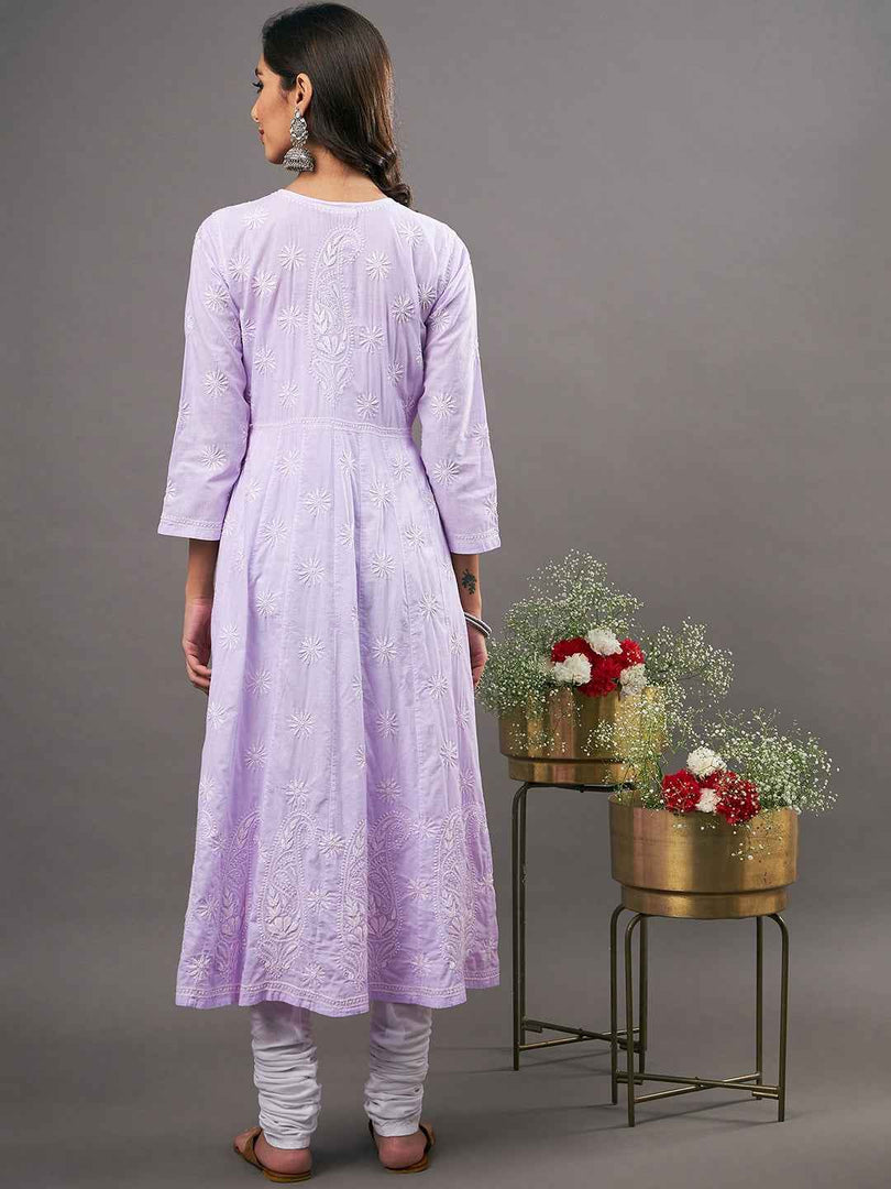 mauve cotton chiknakari anarkali with side buttons