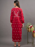 Load image into Gallery viewer, Red cotton  dress with  chikankari and front buttons
