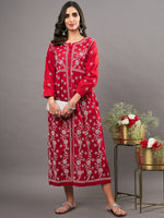 Load image into Gallery viewer, Red cotton  dress with  chikankari and front buttons
