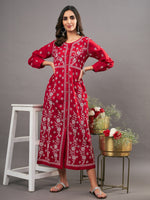 Load image into Gallery viewer, Red cotton  dress with  chikankari and front buttons
