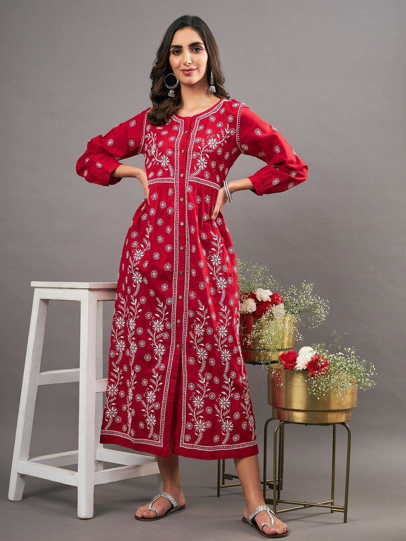Red cotton  dress with  chikankari and front buttons