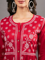 Load image into Gallery viewer, Red cotton  dress with  chikankari and front buttons
