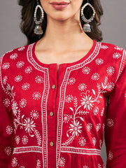 Red cotton  dress with  chikankari and front buttons
