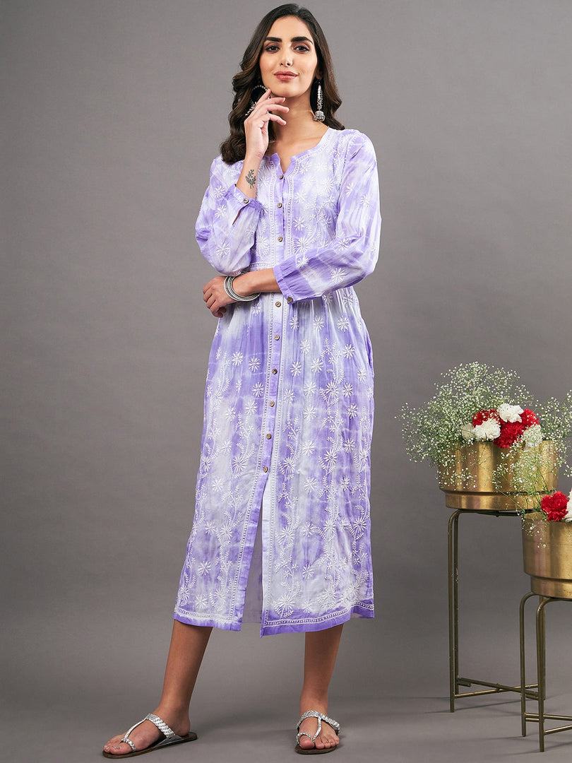 mauve cotton tie dye dress with chikankari and front buttons