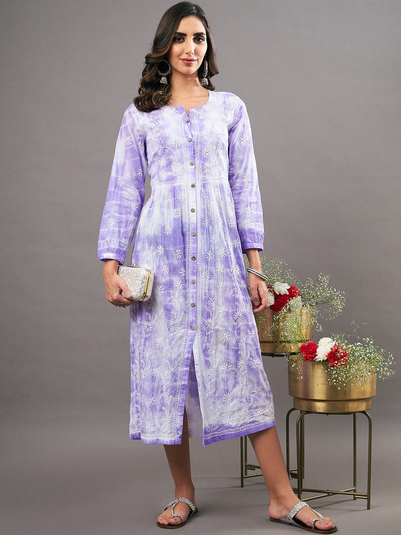 mauve cotton tie dye dress with chikankari and front buttons