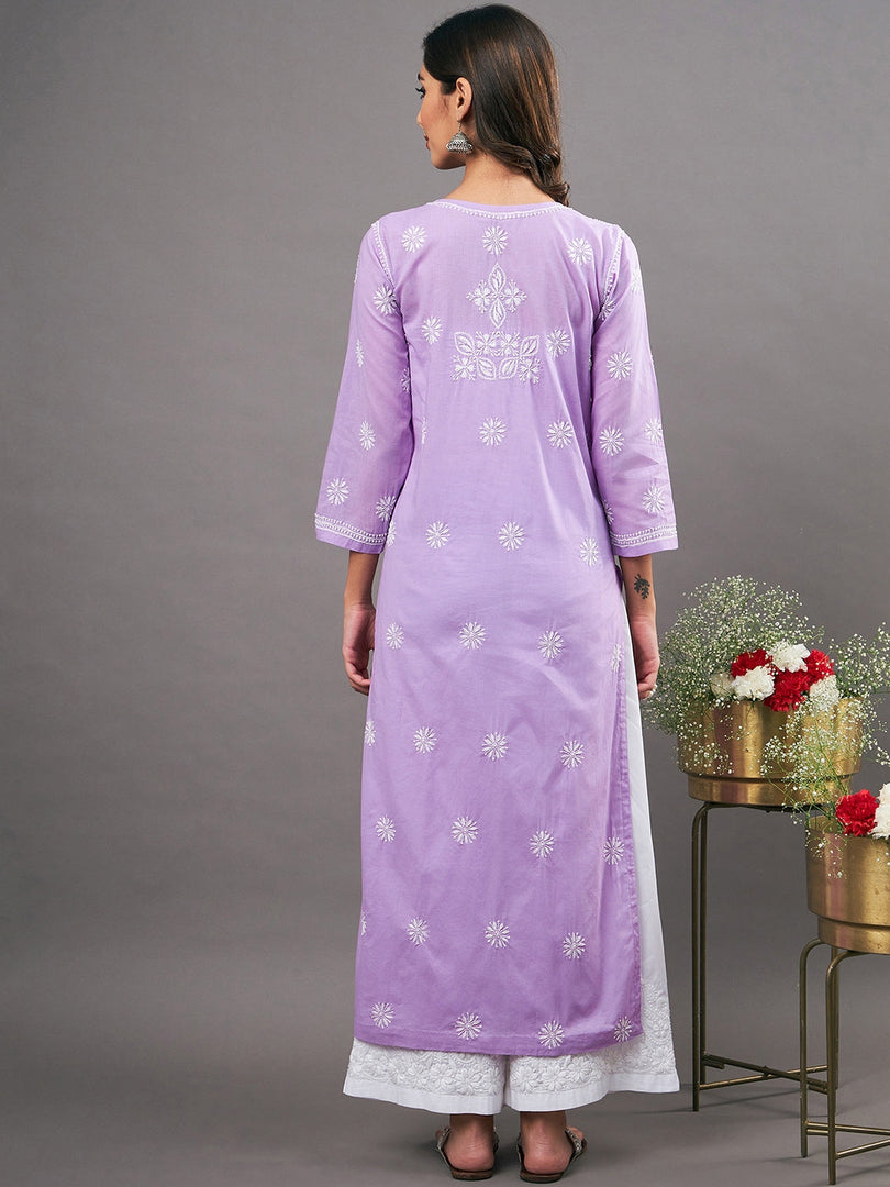 Mauve cotton chikankari kurta with side buttons