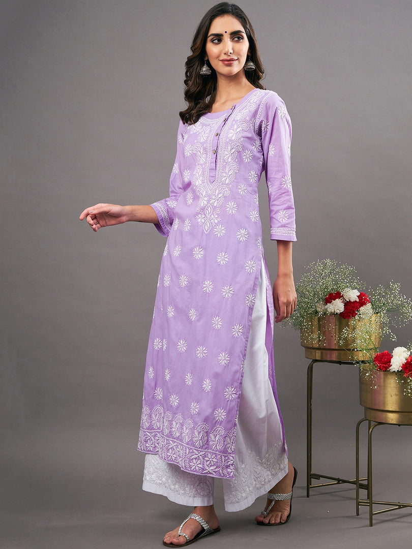 Mauve cotton chikankari kurta with side buttons