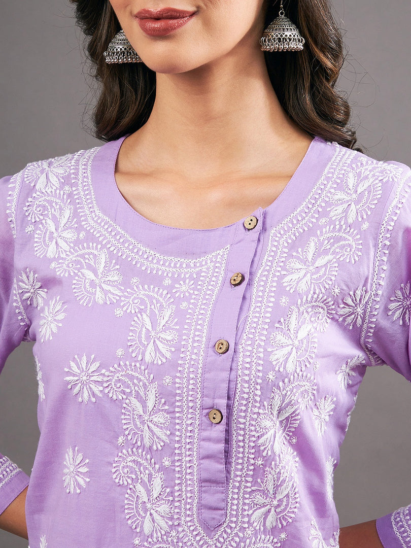 Mauve cotton chikankari kurta with side buttons