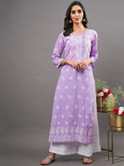 Mauve cotton chikankari kurta with side buttons