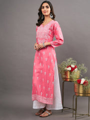 pink cotton kurta with chikankari