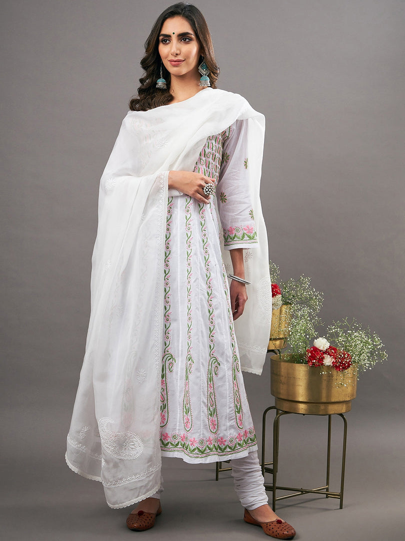 White cotton anarkali with multi colored chikankari