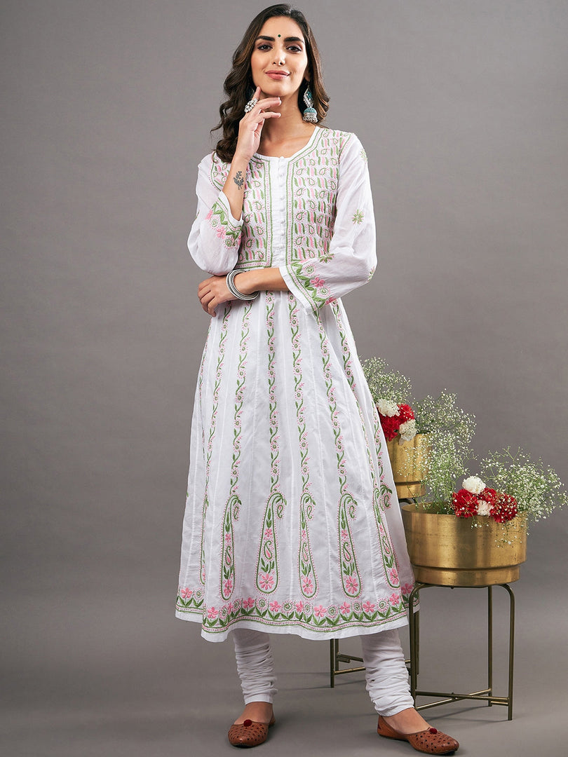White cotton anarkali with multi colored chikankari