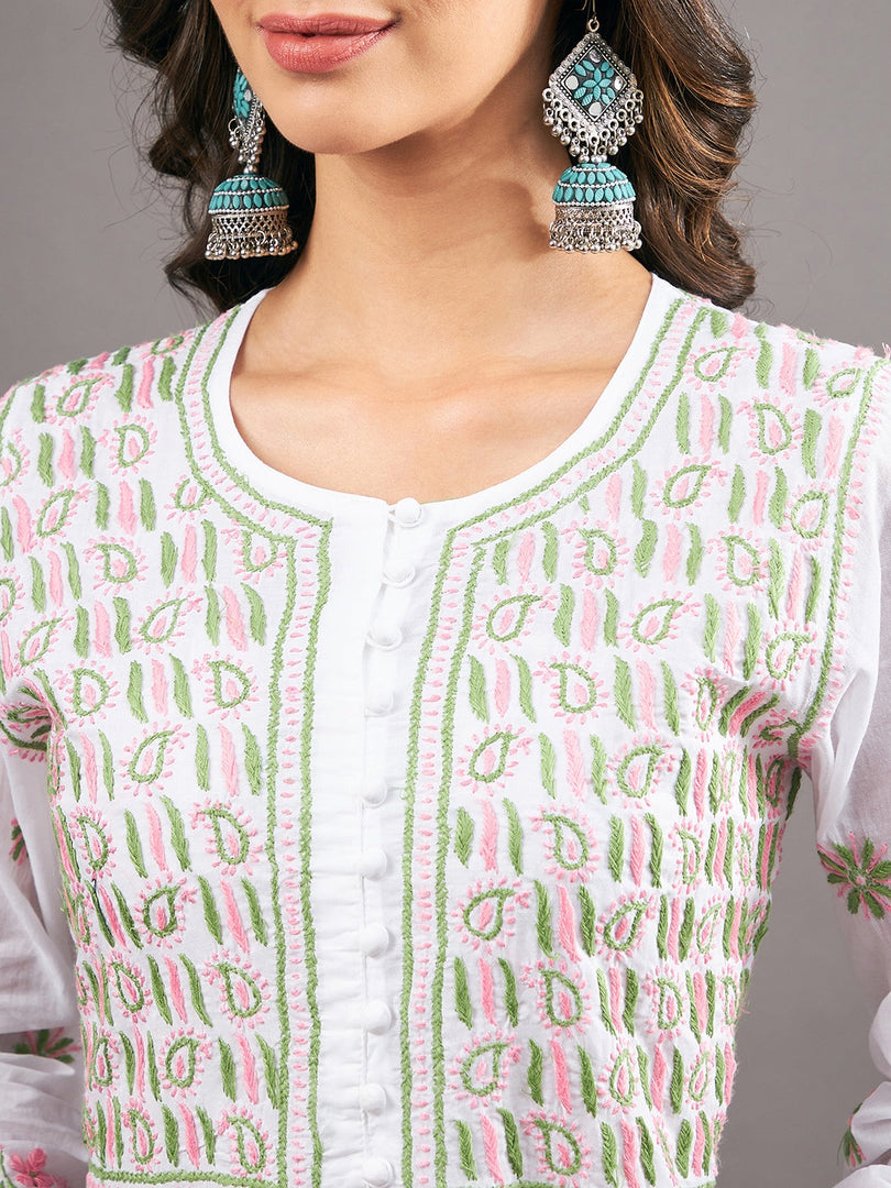 White cotton anarkali with multi colored chikankari