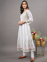 Load image into Gallery viewer, White cotton anarkali with multi colored chikankari

