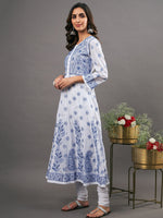 Load image into Gallery viewer, white cotton  anarkali with blue chikankari
