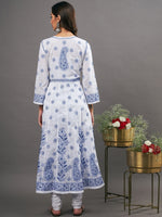 Load image into Gallery viewer, white cotton  anarkali with blue chikankari
