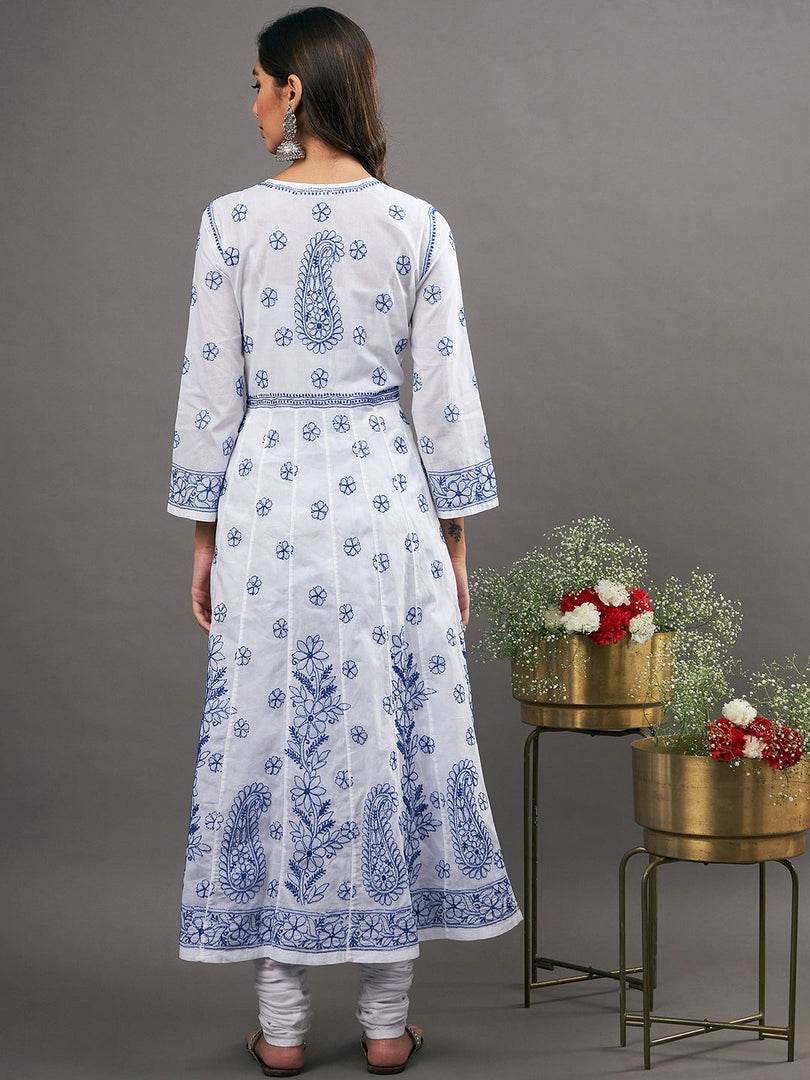 white cotton  anarkali with blue chikankari