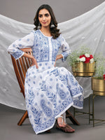 Load image into Gallery viewer, white cotton  anarkali with blue chikankari
