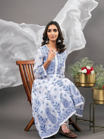 Load image into Gallery viewer, white cotton  anarkali with blue chikankari

