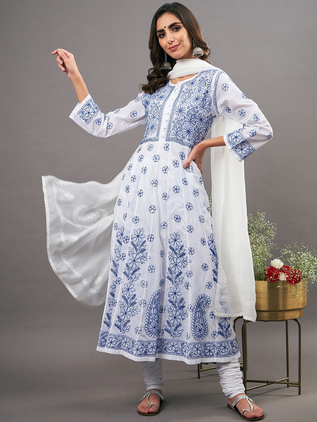 white cotton  anarkali with blue chikankari