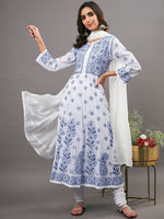 Load image into Gallery viewer, white cotton  anarkali with blue chikankari
