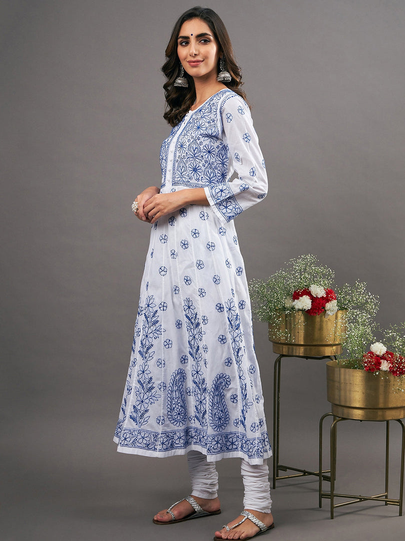 white cotton  anarkali with blue chikankari