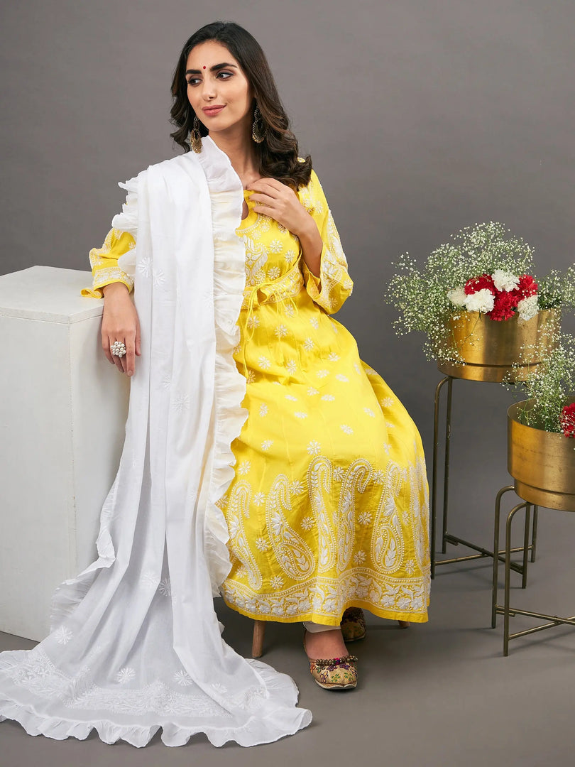 Yellow cotton anraklai with waist coiat like pattern - Rakhi Apparels