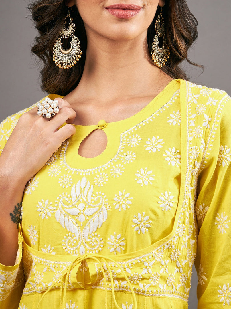 Turmeric yellow anarkali with  chikankari