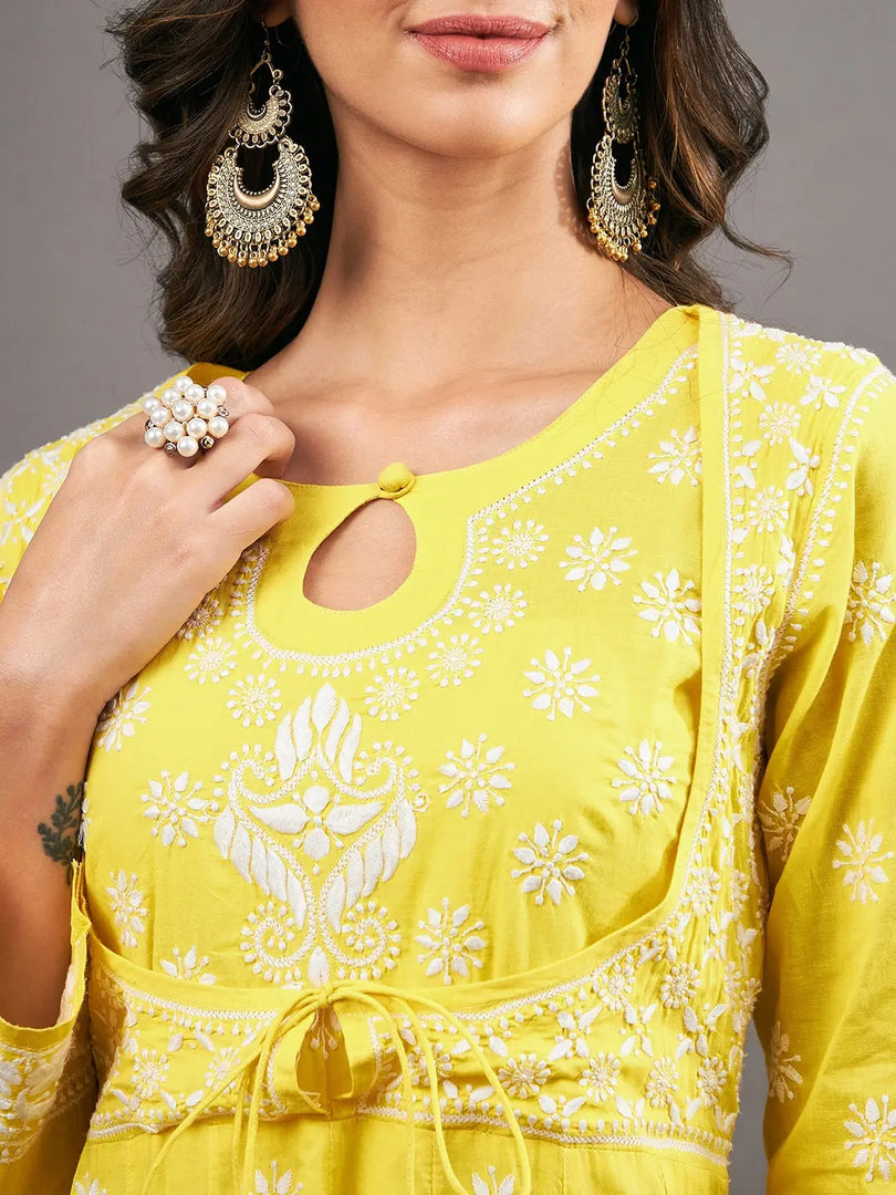 Yellow cotton anraklai with waist coiat like pattern - Rakhi Apparels