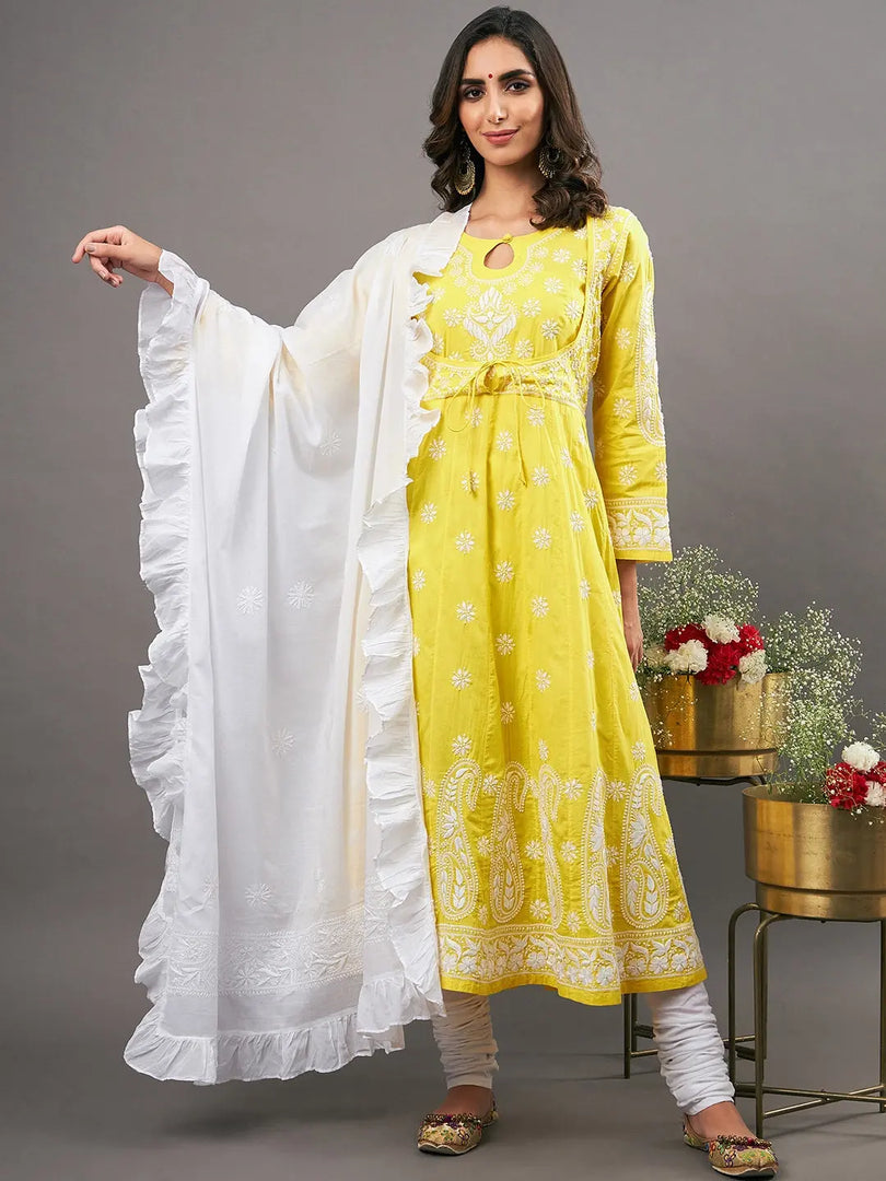 Yellow cotton anraklai with waist coiat like pattern - Rakhi Apparels