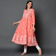 Peach cotton  anarkli with chikankari