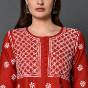Red cotton round neck anarkail wiith chikankari