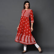 Red cotton round neck anarkail wiith chikankari