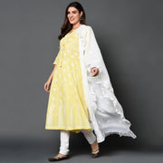 yellow cotton anarkali with chikankari