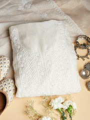 Off white chanderi unstitched kurta with dupatta with chikankari - Rakhi Apparels