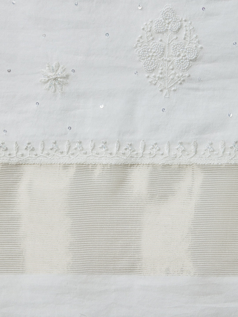 Off white chanderi unstitched kurta with dupatta with chikankari - Rakhi Apparels